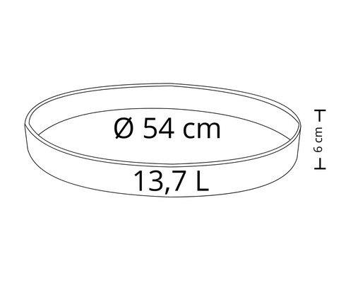 Runde Pflanzschale mit den Maßen 54 cm Durchmesser, 6 cm Höhe und 13,7 Liter Volumen