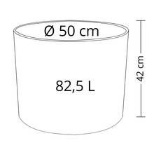 Technische Zeichnung eines Pflanzgefäßes mit den Maßen 50 cm Durchmesser, 42 cm Höhe und 82,5 Liter Volumen