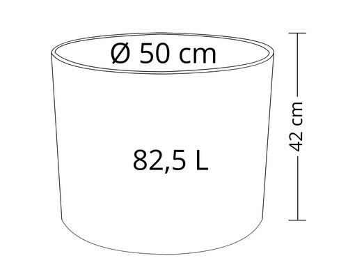 Technische Zeichnung eines Pflanzgefäßes mit den Maßen 50 cm Durchmesser, 42 cm Höhe und 82,5 Liter Volumen