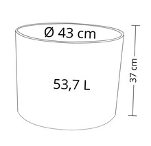 Technische Zeichnung eines Pflanzkübels mit den Maßen 43 Zentimeter Durchmesser und 37 Zentimeter Höhe sowie einem Fassungsvermögen von 53,7 Litern