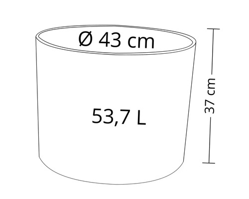 Technische Zeichnung eines Pflanzkübels mit den Maßen 43 Zentimeter Durchmesser und 37 Zentimeter Höhe sowie einem Fassungsvermögen von 53,7 Litern