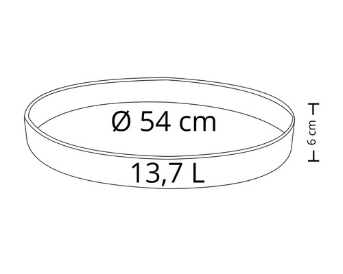 Skizze einer runden Pflanzschale mit einem Durchmesser von 54 Zentimetern, einer Höhe von 6 Zentimetern und einem Fassungsvermögen von 13,7 Litern