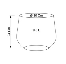 Skizze eines Pflanzgefäßes mit den Maßen 30 cm Durchmesser, 24 cm Höhe und 9,8 Liter Fassungsvermögen