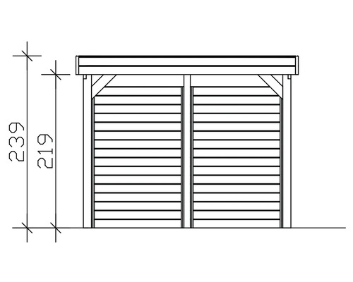 Technische Zeichnung eines Gerätehauses mit den Maßen 239 mal 219 Zentimeter.