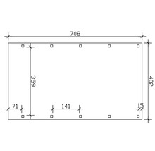 Technische Zeichnung mit Maßangaben für ein rechteckiges Objekt mit Bohrungen