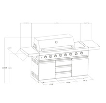 Technische Zeichnung eines Gasgrills mit Maßen.