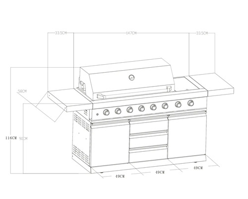 Technische Zeichnung eines Gasgrills mit Maßen.