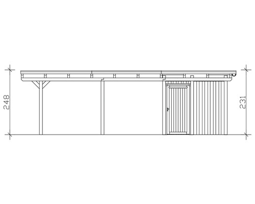 Technische Zeichnung eines Carports mit Geräteraum inklusive Höhenangaben