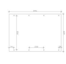 Technische Zeichnung mit Abmessungen von 846 x 609 mm und Bohrungen