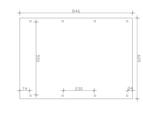 Technische Zeichnung mit Abmessungen von 846 x 609 mm und Bohrungen