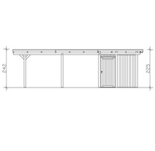 Technische Zeichnung eines Carports mit Geräteraum, Seitenansicht, Maße 242 mal 225 Zentimeter