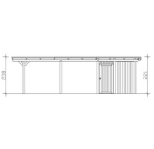 Technische Zeichnung eines Gartenhauses mit einer Höhe von 221 Zentimetern und einer Breite von 238 Zentimetern.