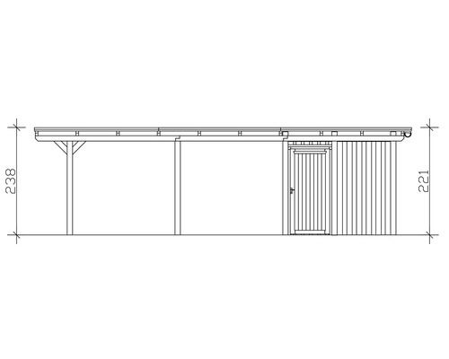 Technische Zeichnung eines Gartenhauses mit einer Höhe von 221 Zentimetern und einer Breite von 238 Zentimetern.