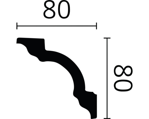 Dimensionsdarstellung einer Zierleiste mit den Maßen 80 mal 80 Millimeter.