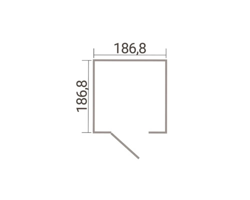 Grundriss eines quadratischen Gartenhauses mit den Maßen 186,8 Zentimeter mal 186,8 Zentimeter und einer Einzeltür.
