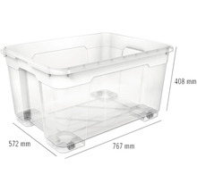 Aufbewahrungsbox aus Kunststoff mit Rollen und Größenangaben