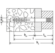 Diagramm einer Dübelbefestigung mit Schraube und zugehörigen Maßen.