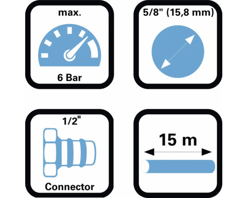 Technische Daten: maximal 6 Bar, 5/8 Zoll (15,8 Millimeter), 1/2 Zoll Verbinder, 15 Meter Schlauchlänge