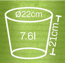 Abmessungen eines Pflanzgefäßes: Durchmesser 22 Zentimeter, Höhe 21 Zentimeter, Volumen 7.61 Liter