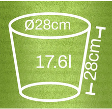 Abbildung der Maße eines Pflanzgefäßes: Durchmesser 28 cm, Höhe 28 cm, Volumen 17,6 l