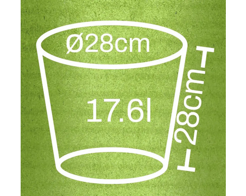 Abbildung der Maße eines Pflanzgefäßes: Durchmesser 28 cm, Höhe 28 cm, Volumen 17,6 l