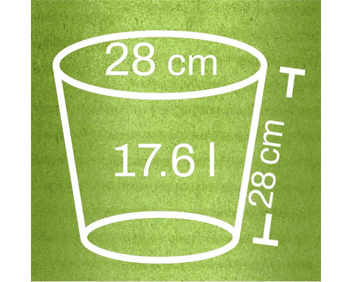 Illustration eines Pflanzgefäßes mit den Maßen 28 cm Höhe, 28 cm Durchmesser und 17,61 Litern Volumen