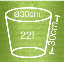 Illustration eines Pflanzgefäßes mit den Maßen 30 Zentimeter Durchmesser, 30 Zentimeter Höhe und 22 Liter Fassungsvermögen