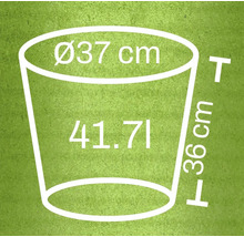 Skizze eines Pflanzgefäßes mit den Maßen 37 Zentimeter Durchmesser, 36 Zentimeter Höhe und 41,71 Liter Volumen