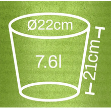 Skizze eines Pflanzgefäßes mit den Maßen 22 cm Durchmesser, 21 cm Höhe und 7,6 Liter Volumen