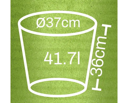Abbildung eines Pflanzkübels mit Maßangaben: Durchmesser 37 cm, Höhe 36 cm und ein Volumen von 41,71 Liter.