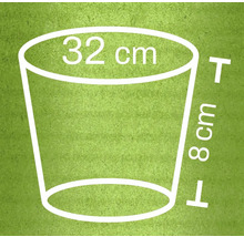 Abbildung eines Pflanzgefäßes mit den Maßen 32 Zentimeter Durchmesser und 8 Zentimeter Höhe