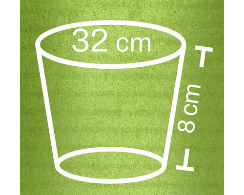 Abbildung eines Pflanzgefäßes mit den Maßen 32 Zentimeter Durchmesser und 8 Zentimeter Höhe