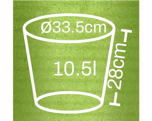 Illustration eines Pflanzgefäßes mit den Maßen 33,5 cm Durchmesser, 28 cm Höhe und 10,5 Liter Volumen
