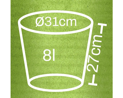 Illustration eines Pflanzgefäßes mit den Maßen 31 cm Durchmesser und 27 cm Höhe sowie einem Volumen von 8 Litern