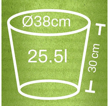 Skizze eines Pflanzgefäßes mit den Maßen 38 cm Durchmesser, 30 cm Höhe und 25,51 Liter Volumen