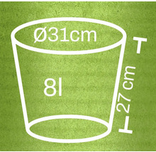 Abbildung eines Pflanzkübels mit den Maßen Durchmesser 31 cm, Höhe 27 cm und einem Volumen von 8 Litern
