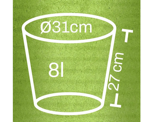 Abbildung eines Pflanzkübels mit den Maßen Durchmesser 31 cm, Höhe 27 cm und einem Volumen von 8 Litern