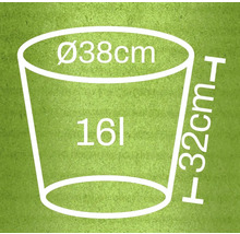 Abbildung eines Pflanzgefäßes mit den Maßangaben Durchmesser 38 Zentimeter, Höhe 32 Zentimeter und Volumen 16 Liter