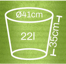 Diagramm eines Pflanzgefäßes mit den Maßen 41 Zentimeter Durchmesser, 35 Zentimeter Höhe und 22 Liter Fassungsvermögen