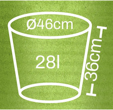 Illustration eines Pflanzgefäßes mit den Maßen 46 Zentimeter Durchmesser und 36 Zentimeter Höhe sowie einem Volumen von 28 Litern