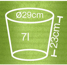Diagramm eines Eimers mit den Maßen 29 cm Durchmesser, 23 cm Höhe und 7 Litern Fassungsvermögen