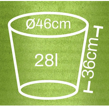Technische Zeichnung eines Eimers mit den Maßen Durchmesser 46 cm, Höhe 36 cm und Volumen 28 Liter.