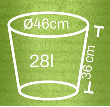 Diagramm eines Pflanzkübels mit den Maßen Durchmesser 46 cm, Höhe 36 cm und Volumen 28 Liter