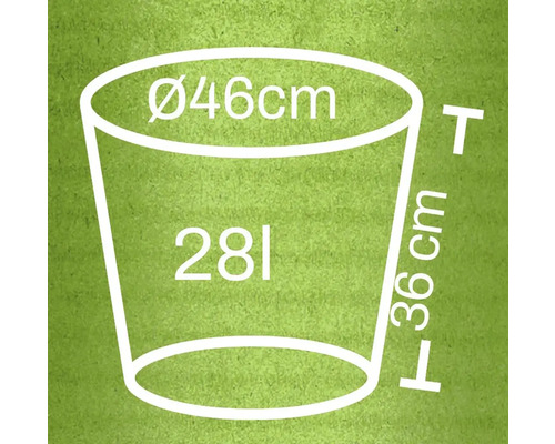 Diagramm eines Pflanzkübels mit den Maßen Durchmesser 46 cm, Höhe 36 cm und Volumen 28 Liter