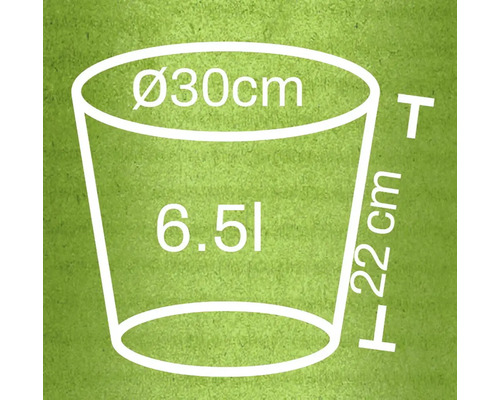 Skizze eines Blumentopfes mit den Maßen Durchmesser 30 Zentimeter, Höhe 22 Zentimeter und Volumen 6,5 Liter