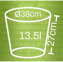 Technische Zeichnung eines Pflanzkübels mit den Maßen Durchmesser 38 cm, Höhe 27 cm und 13,5 Liter Volumen