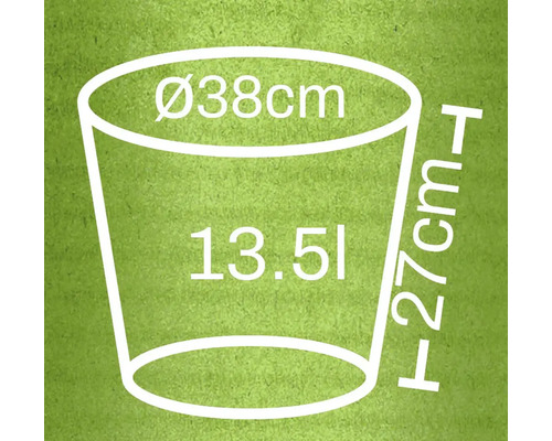 Technische Zeichnung eines Pflanzkübels mit den Maßen Durchmesser 38 cm, Höhe 27 cm und 13,5 Liter Volumen