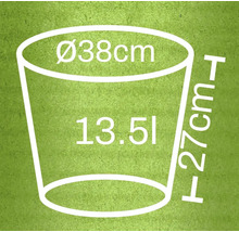 Illustration eines Pflanzgefäßes mit den Maßen 38 cm Durchmesser, 27 cm Höhe und 13,5 Liter Volumen