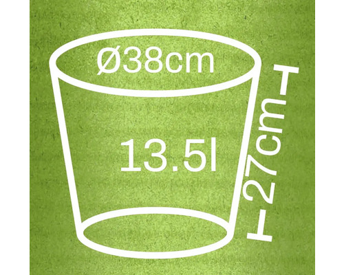 Illustration eines Pflanzgefäßes mit den Maßen 38 cm Durchmesser, 27 cm Höhe und 13,5 Liter Volumen