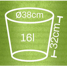 Schemazeichnung eines Pflanzkübels mit den Maßen 38 Zentimeter Durchmesser, 32 Zentimeter Höhe und 16 Liter Volumen